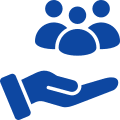 A blue hand holding people in front of it.